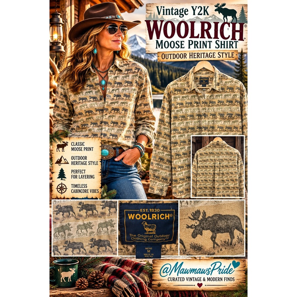 Woolrich Moose Print Shirt Mens M Tan Outdoor Heritage Y2K Cabincore Long Sleeve